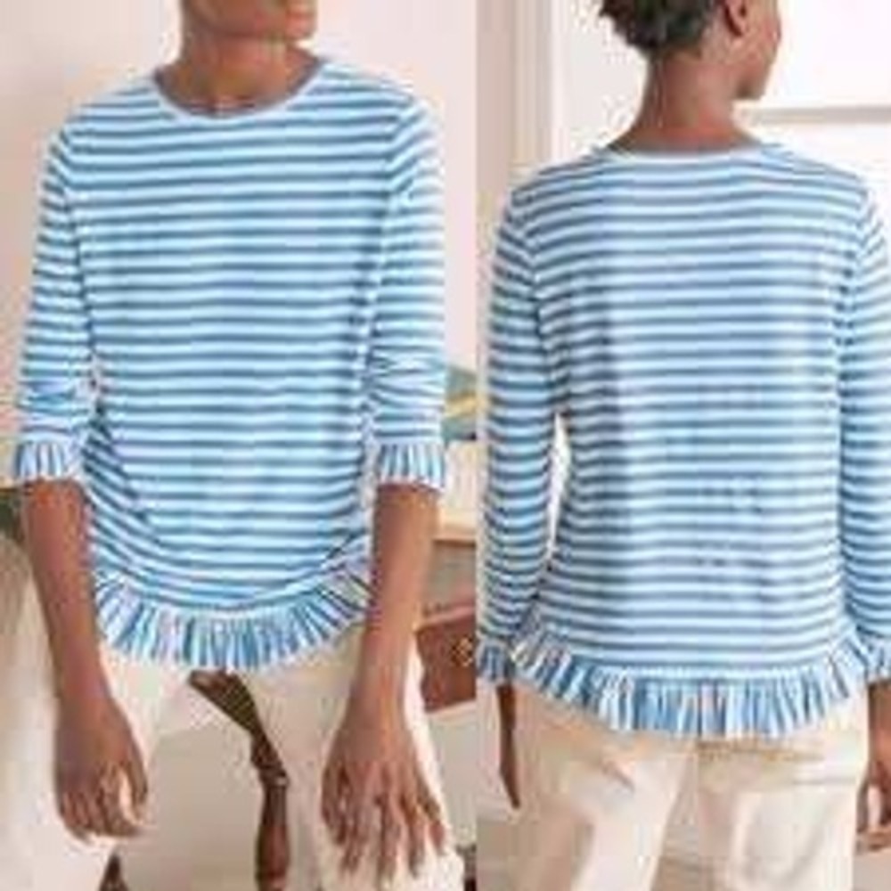 Boden Dorothy 100% Linen Jersey Top‎ in Moroccan Blue and Ivory Size 6